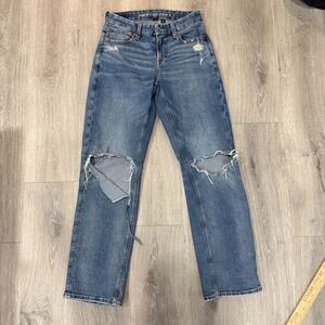 American Eagle Jeans Womens 2 Blue Curvy Straight High Rise Distressed